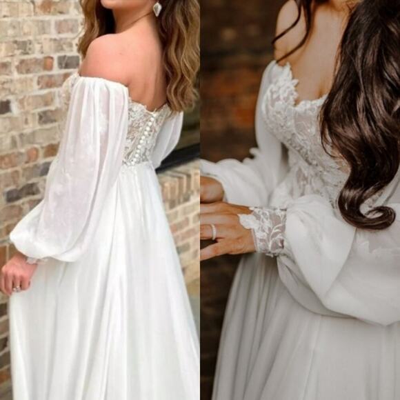 Lillian‎ West Wedding Dress Gown Off the Shoulder Style 66228 Slit Ethereal Boho - Picture 1 of 16